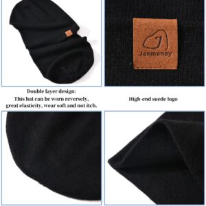 jaxmonoy Wool Cashmere Slouchy Knit Beanies Winter Hats for Women Men Soft Warm Double Layer Reversible Lightweight Slouch Cuffed Skull Beanie Cap - Black