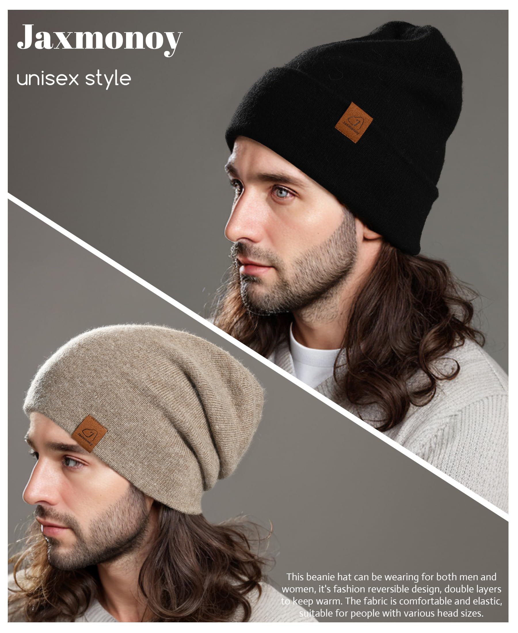 jaxmonoy Wool Cashmere Slouchy Knit Beanies Winter Hats for Women Men Soft Warm Double Layer Reversible Lightweight Slouch Cuffed Skull Beanie Cap - Black