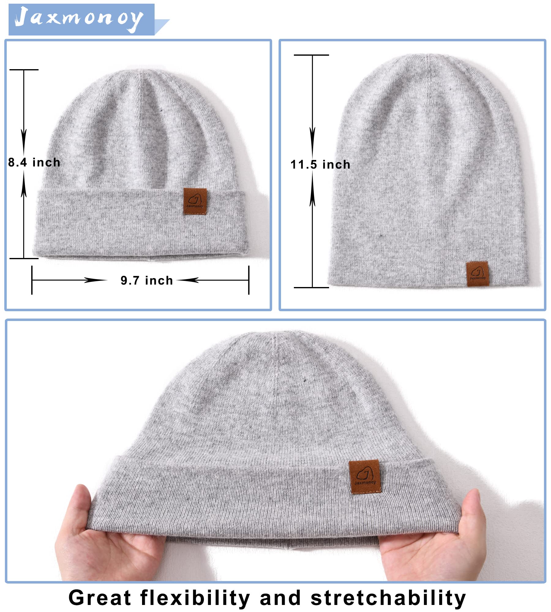 jaxmonoy Wool Cashmere Slouchy Knit Beanies Winter Hats for Women Men Soft Warm Double Layer Reversible Slouch Cuffed Skull Beanie Cap - Light Grey