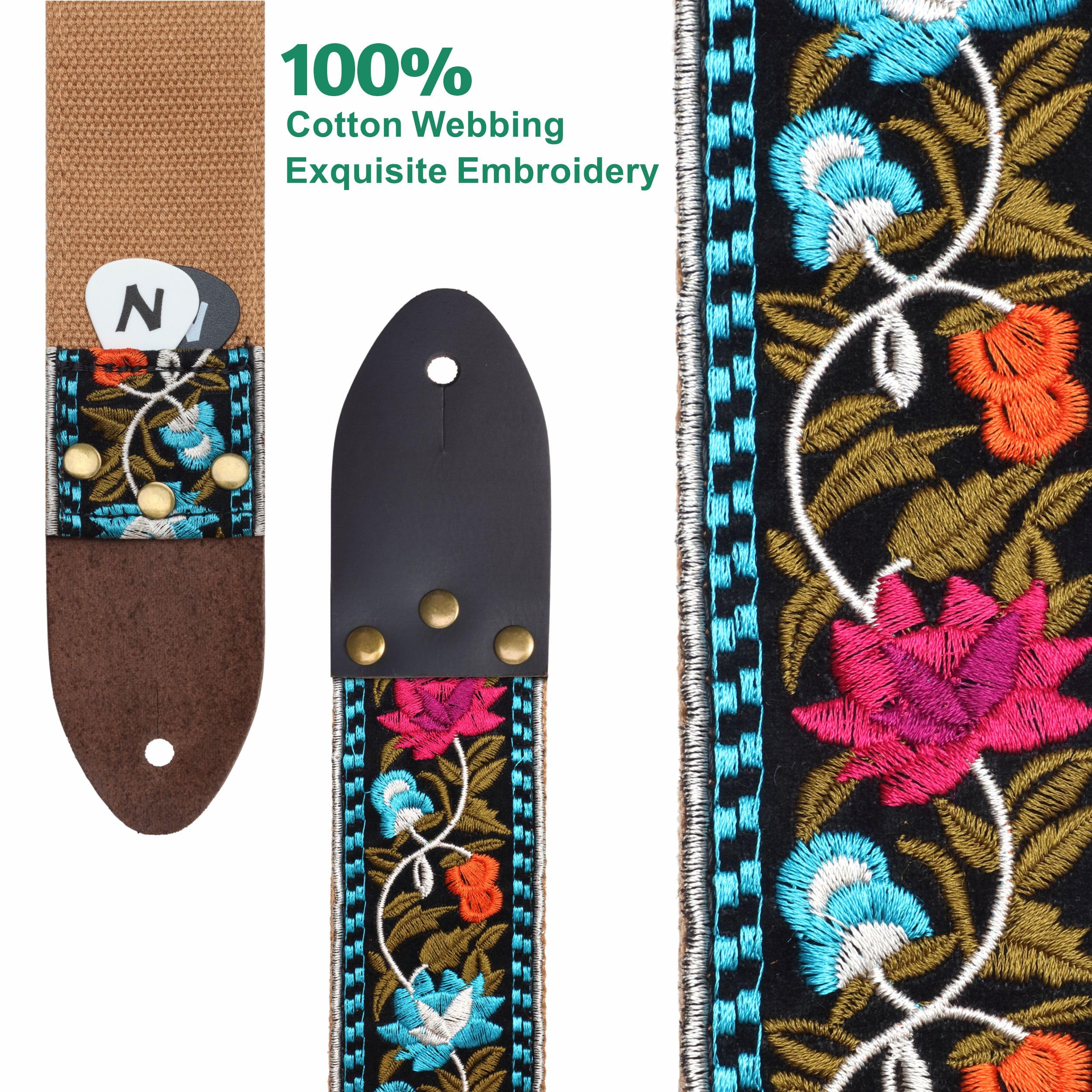 Nefelibata Guitar Strap,Vintage Jacquard Embroidery Cotton Guitar Straps with Crazy Horse Leather Ends for Electric,Acoustic,Come with Free Strap Button,2 Strap Locks and 4 Guitar Picks