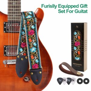 Nefelibata Guitar Strap,Vintage Jacquard Embroidery Cotton Guitar Straps with Crazy Horse Leather Ends for Electric,Acoustic,Come with Free Strap Button,2 Strap Locks and 4 Guitar Picks