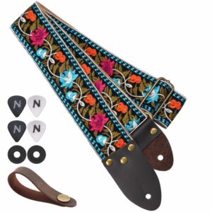 Nefelibata Guitar Strap,Vintage Jacquard Embroidery Cotton Guitar Straps with Crazy Horse Leather Ends for Electric,Acoustic,Come with Free Strap Button,2 Strap Locks and 4 Guitar Picks