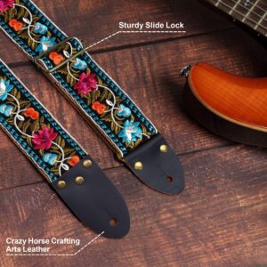 Nefelibata Guitar Strap,Vintage Jacquard Embroidery Cotton Guitar Straps with Crazy Horse Leather Ends for Electric,Acoustic,Come with Free Strap Button,2 Strap Locks and 4 Guitar Picks