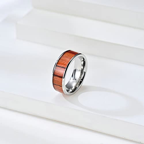 Simple Wedding Bands for His and Hers, 8MM & 6MM Wood Inlaid Silver Wedding Ring Sets for Him and Her Titanium, Women Size 9 + Men Size 9