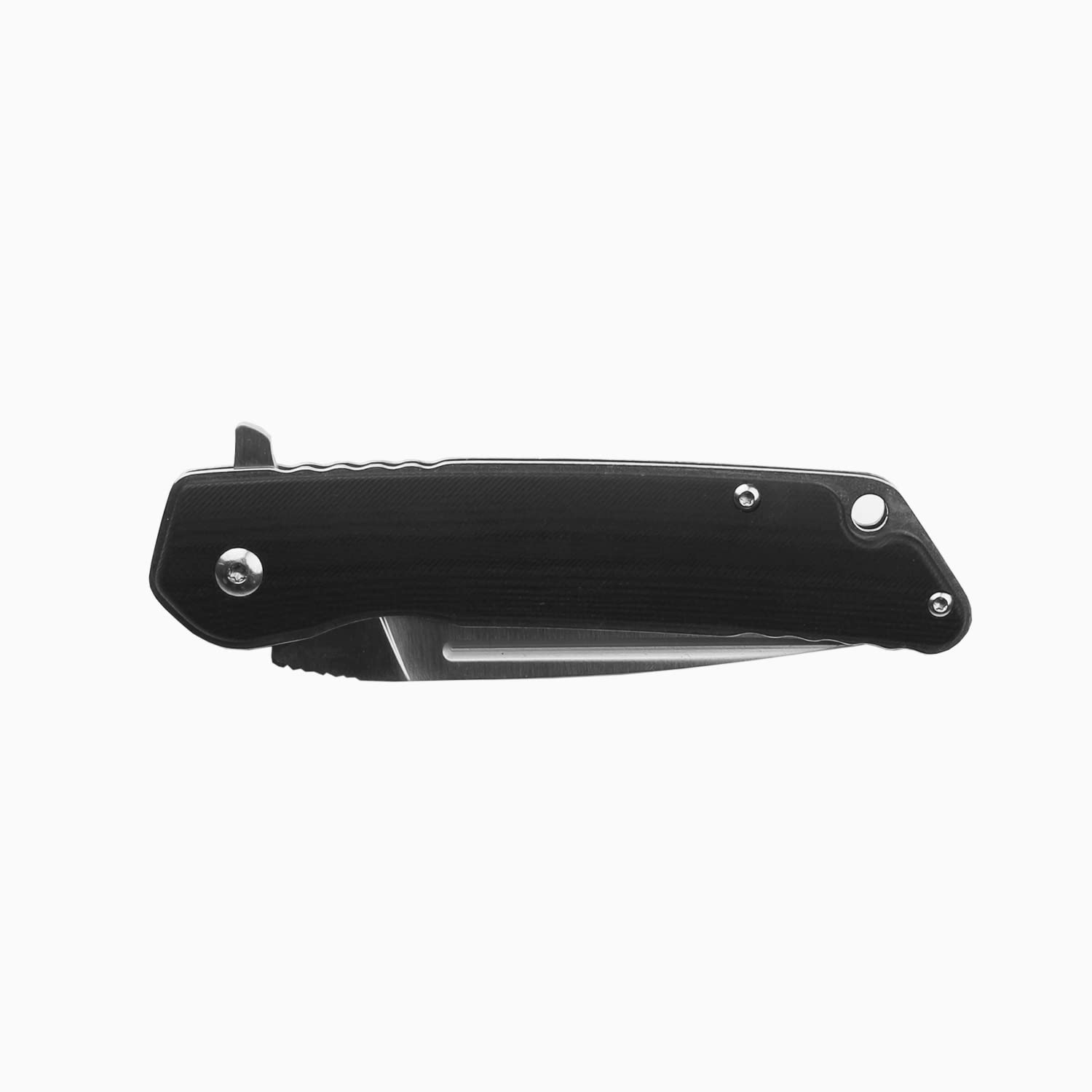 JKR Bearing assisted opening knife, black fiber handle and 3.34 in. satin-finished D2 Steel blade, includes belt clip, total length 7.87 in., PRO10003 tool for fishing, hunting, camping and hiking