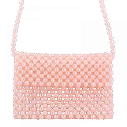 Women Shoulder Bag Girls Pearl Purse Tote bag Handmade Weave Beaded Crossbody Bag for Daily Evening Party (Pink)