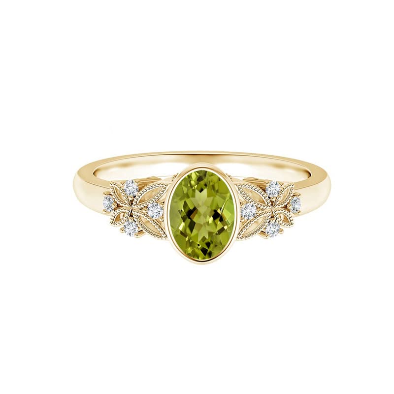 MOONEYE Nature Inspired 7X5 MM Oval Peridot 925 Sterling Silver Bridal Vine Leaf Women Ring