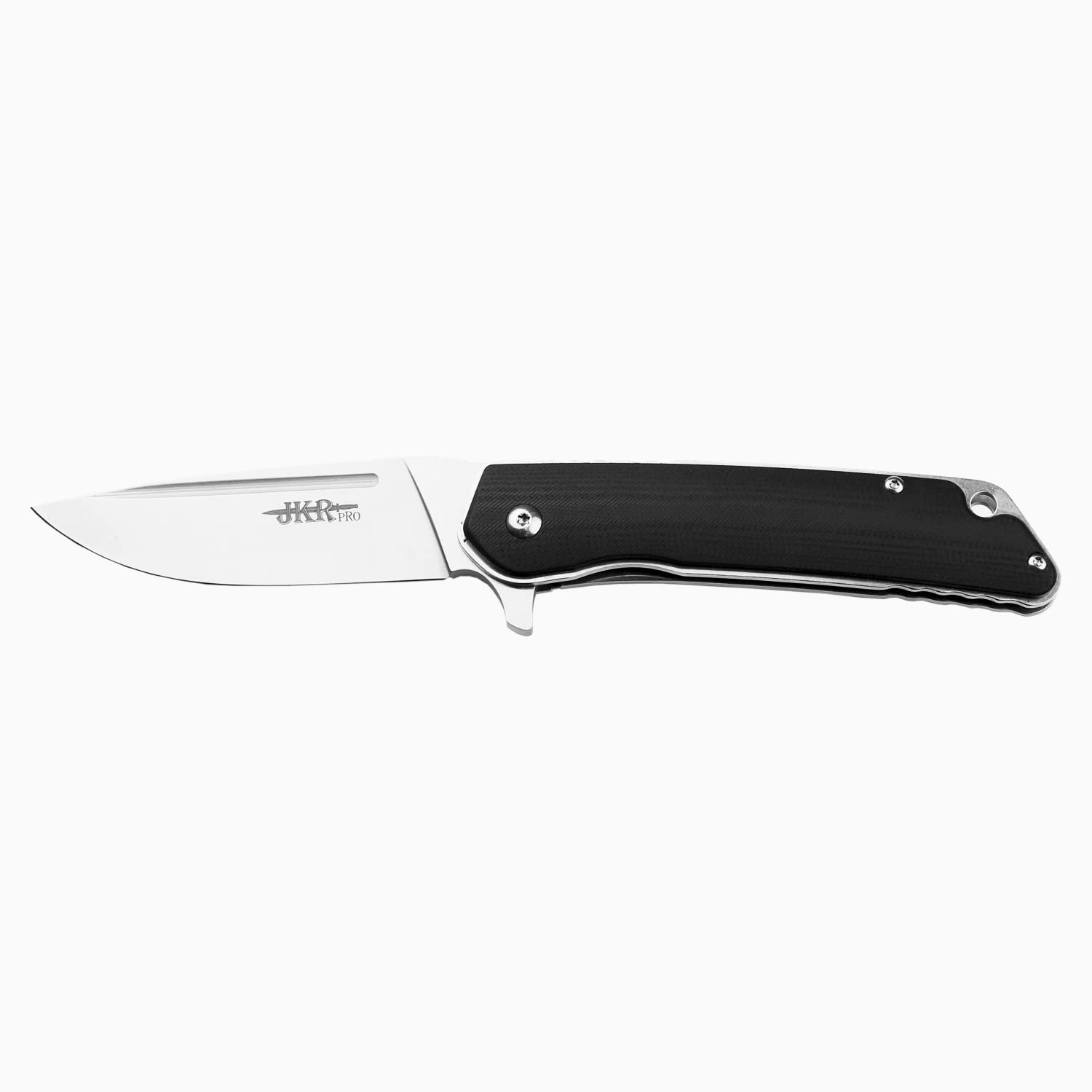 JKR Bearing assisted opening knife, black fiber handle and 3.34 in. satin-finished D2 Steel blade, includes belt clip, total length 7.87 in., PRO10003 tool for fishing, hunting, camping and hiking