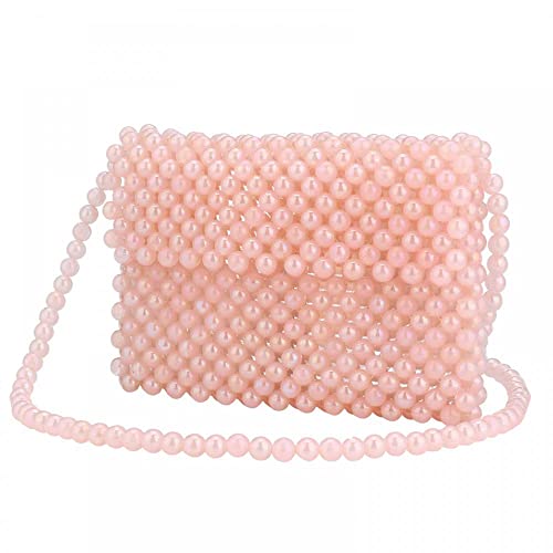 Women Shoulder Bag Girls Pearl Purse Tote bag Handmade Weave Beaded Crossbody Bag for Daily Evening Party (Pink)