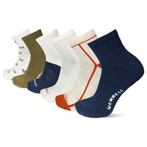 Merrell Unisex-Adult's Recycled Cushioned Socks Pack-Hiking Arch Support & Moisture Management, Ankle-Navy Assorted (6 Pairs), S/M (Men's 5-8.5 / Women's 5-9.5)