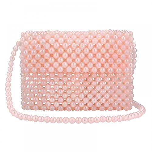 Women Shoulder Bag Girls Pearl Purse Tote bag Handmade Weave Beaded Crossbody Bag for Daily Evening Party (Pink)