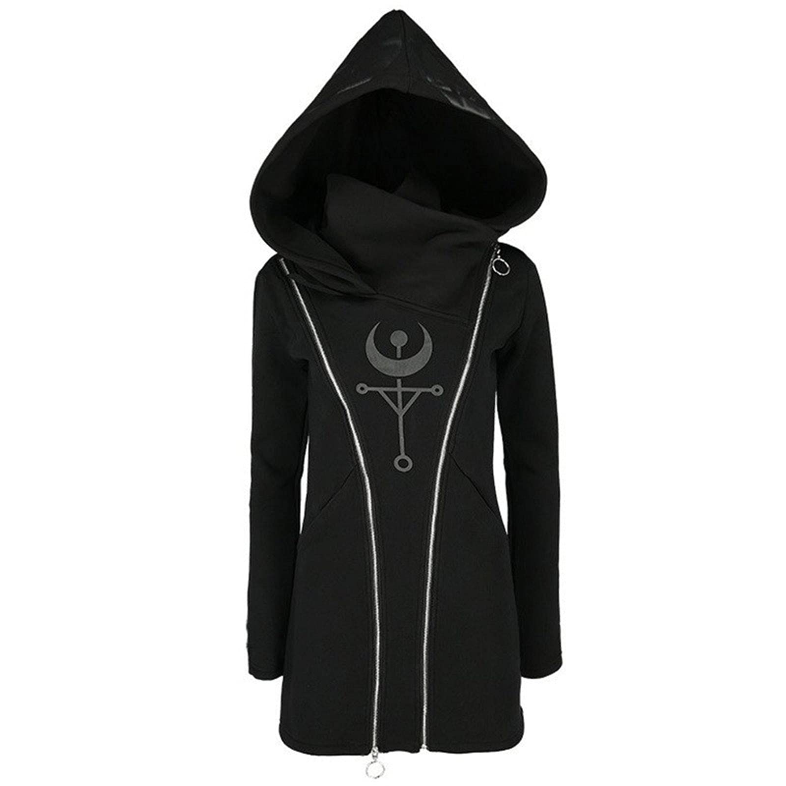 Halloween Hoodie for Women Gothic Moon Print Zip Up Hoodies Long Sleeve Punk Hooded Jacket Long Hoodies Top Black