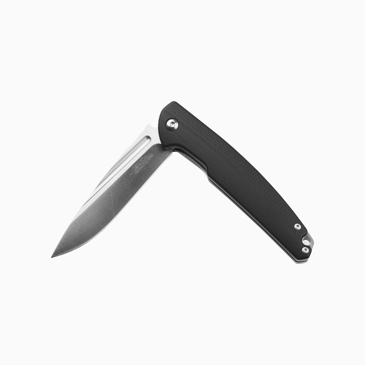 JKR Bearing assisted opening knife, black fiber handle and 3.14 in. D2 satin-finished steel blade, includes belt clip, total length 7.28 in., PRO10005 tool for fishing, hunting, camping and hiking