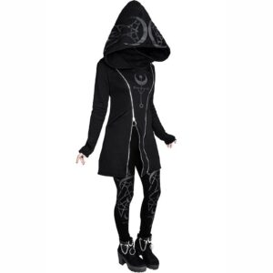 Halloween Hoodie for Women Gothic Moon Print Zip Up Hoodies Long Sleeve Punk Hooded Jacket Long Hoodies Top Black