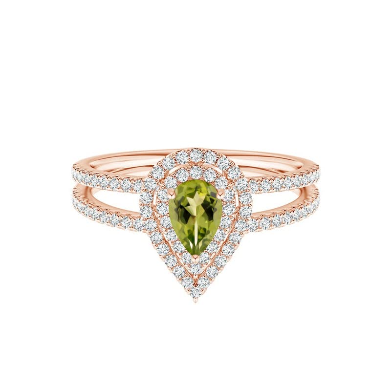 MOONEYE Dual Split Shank 6X4 MM Pear Cut Peridot 925 Sterling Silver Solitaire Accents Ring