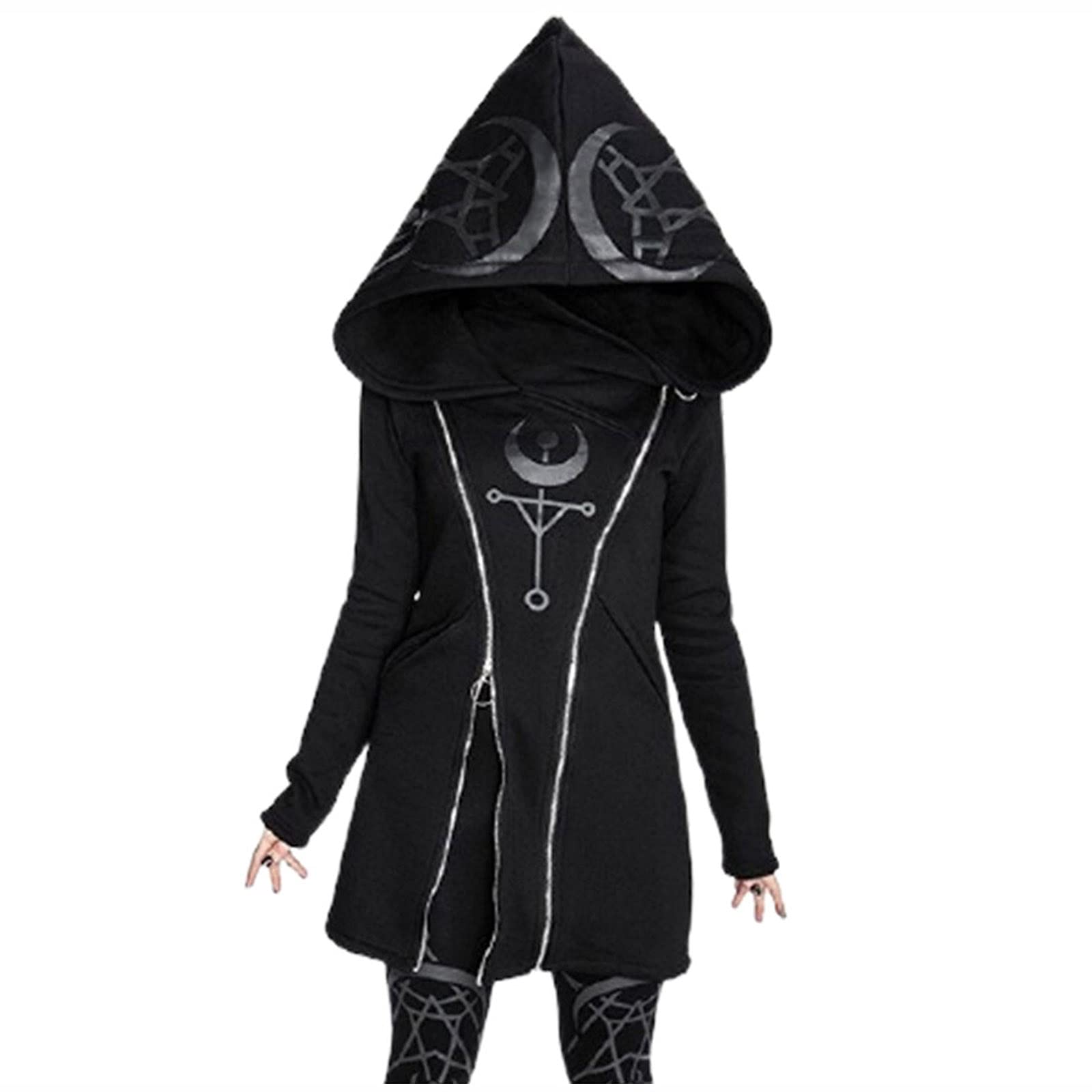 Halloween Hoodie for Women Gothic Moon Print Zip Up Hoodies Long Sleeve Punk Hooded Jacket Long Hoodies Top Black