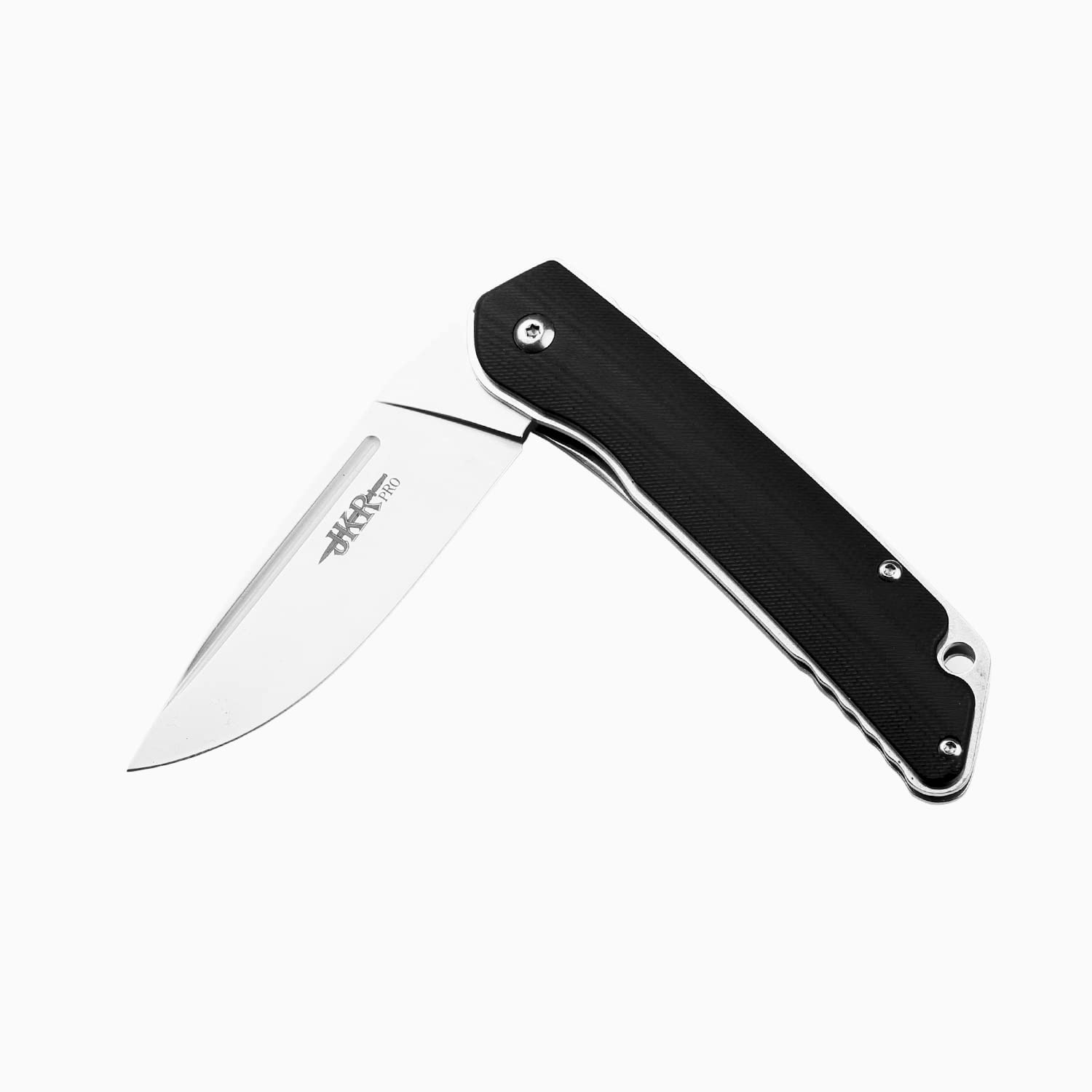 JKR Bearing assisted opening knife, black fiber handle and 3.34 in. satin-finished D2 Steel blade, includes belt clip, total length 7.87 in., PRO10003 tool for fishing, hunting, camping and hiking