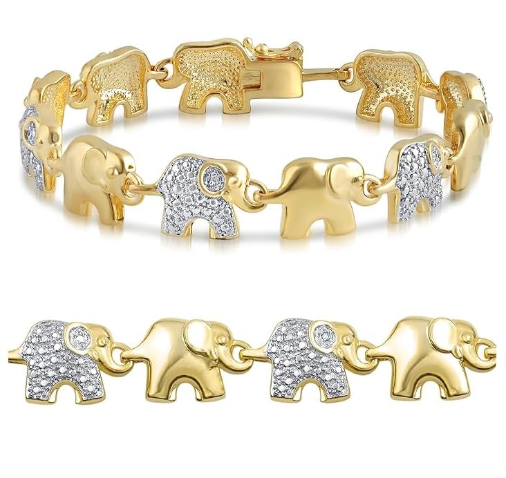 Beyond Brilliance Tennis Bracelets for Women | Cute Elephant Yellow Gold Plated Round Cut Natural Diamond Link Tennis Bracelet | Jewelry for Teen Girls | Gift Box Included