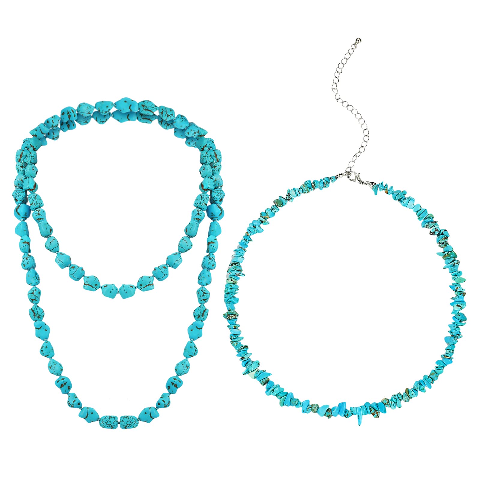 Glenmal 2 Pieces Long Turquoise Beads Endless Necklace Turquoise Choker Necklace Boho Western Necklaces for Women Handmade Turquoise Jewelry, 47'' and 14''