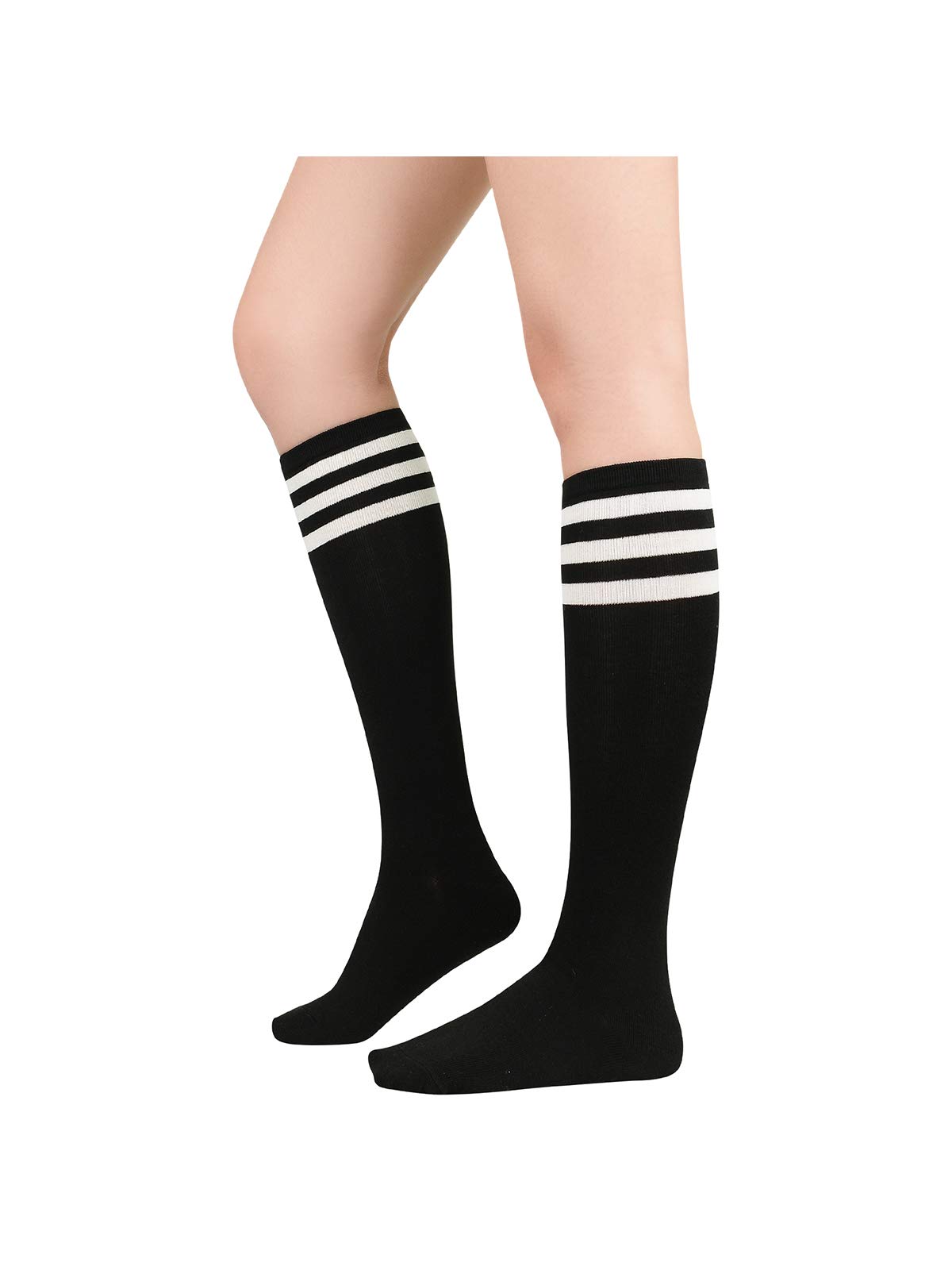 Century Star Knee High Long Socks for Women Athletic Running Casual Tube Socks with Triple Stripes 1 Black White One Size