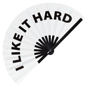 i like it hard hand fan foldable bamboo circuit hand fan funny gag slang words expressions statement gifts festival accessories rave handheld circuit event fan clack fans (white) 13 inch