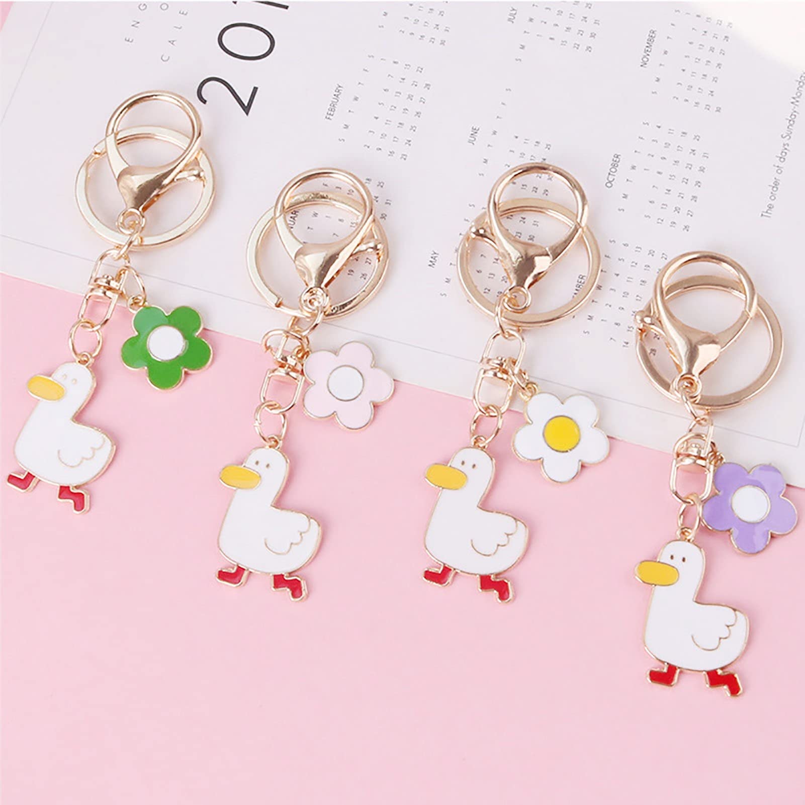 Funny Metal Duck Keychain, Cute Pet Duck and Flower Keyring, Animal Key Fob for Duck Lover Gift, Handbag Charms (Color : Pink, Size : 3.7 x 1.0 x 1.3 in)