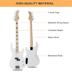 GLARRY GP Series Full Size Electric Bass Guitar 4 String Beginner Kit Canadian Maple Fingerboard with Cable, Strap, Bag and Accessories (White)