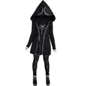 Halloween Hoodie for Women Gothic Moon Print Zip Up Hoodies Long Sleeve Punk Hooded Jacket Long Hoodies Top Black