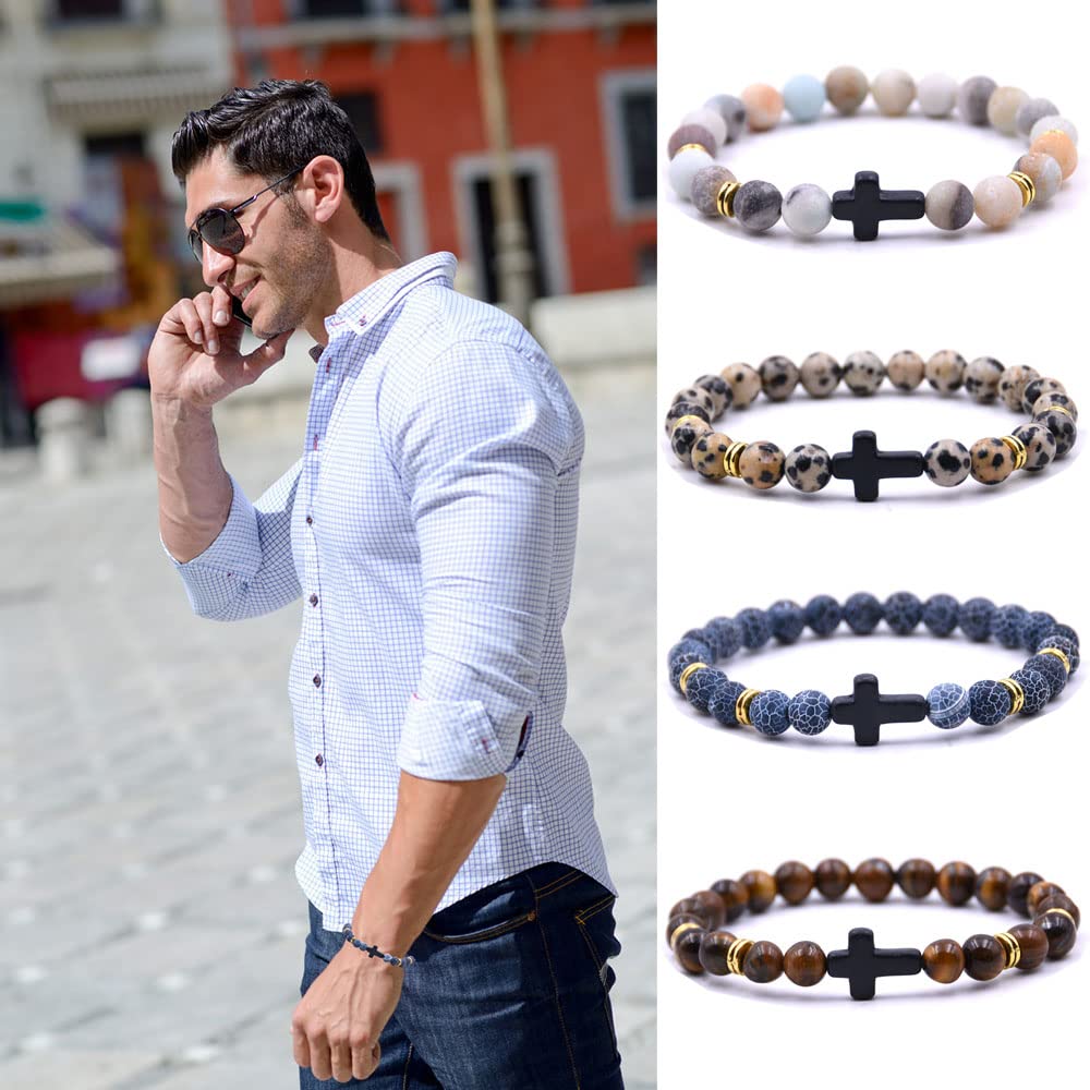 HYHONEY Cross Bracelet Beaded Bracelets Couples Bracelets Cross Bracelet for Women Cross Bracelet for Men Natural Stone Crystal Bracelet Anxiety Stretch Elastic Healing Bracelet