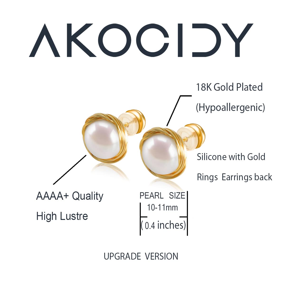 18K Gold Plated Freshwater Cultured Pearl Stud Earrings | Real Pearl Earrings - AKOCIDY