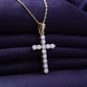 SAVEARTH DIAMONDS 1 1/10 Carat Round Cut Lab Created Moissanite Diamond Cross Pendant Necklace In 14K Yellow Gold Over Sterling Silver For Women With 18" Chain(VVS1 Clarity, 1.10 Cttw)