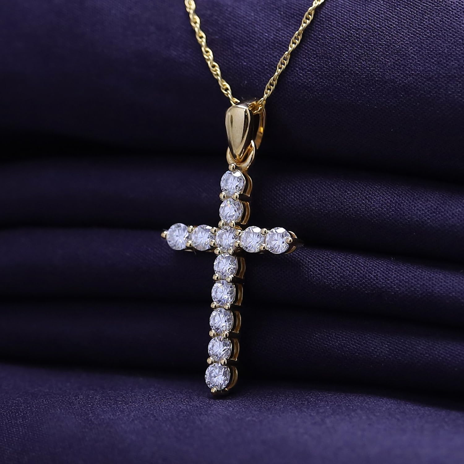 SAVEARTH DIAMONDS 1 1/10 Carat Round Cut Lab Created Moissanite Diamond Cross Pendant Necklace In 14K Yellow Gold Over Sterling Silver For Women With 18" Chain(VVS1 Clarity, 1.10 Cttw)