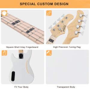 GLARRY GP Series Full Size Electric Bass Guitar 4 String Beginner Kit Canadian Maple Fingerboard with Cable, Strap, Bag and Accessories (White)