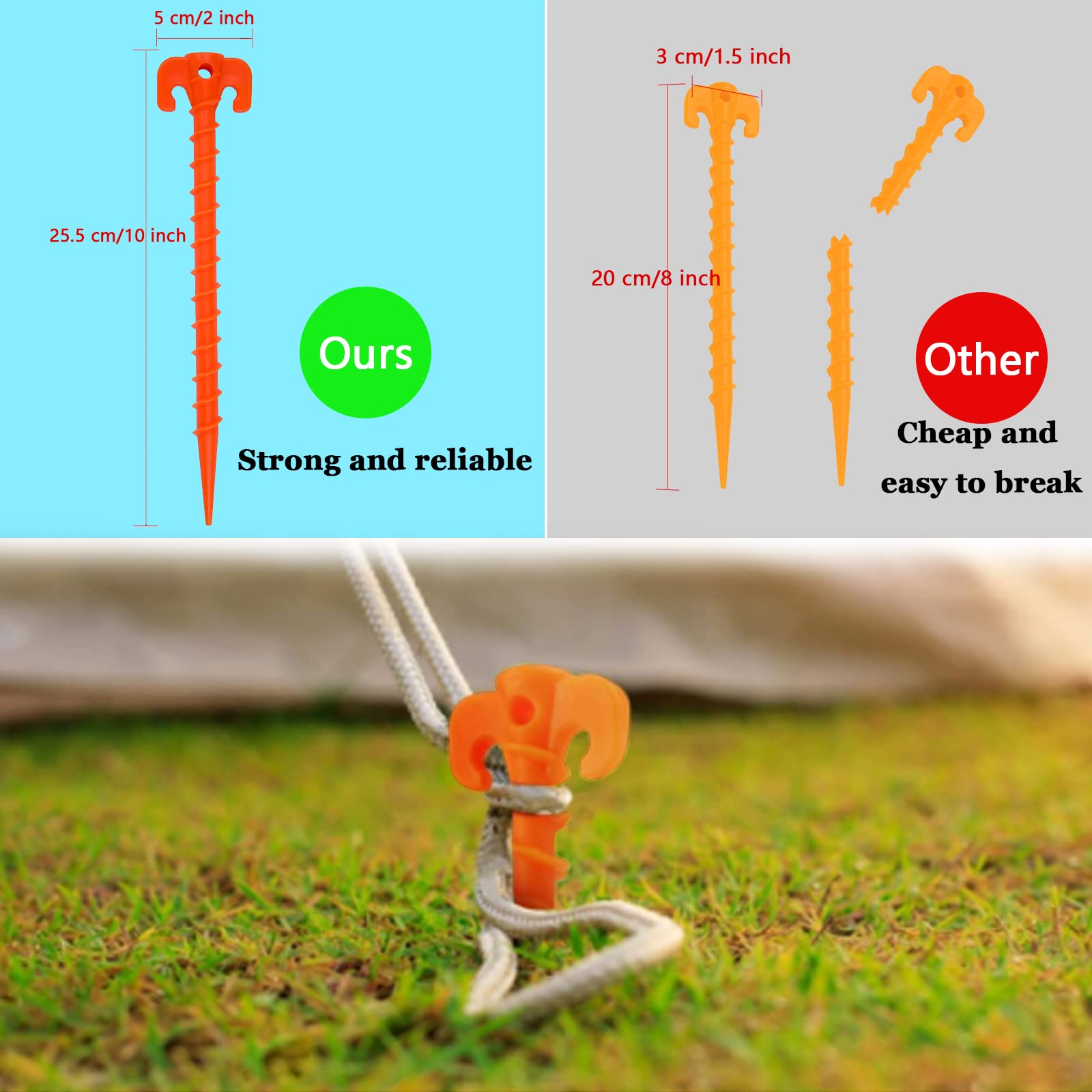 YHTIMIOX 15 Pcs Canopy Stakes Spiral Plastic Tent Pegs 10 inch Camping tent stakes peg Heavy Duty Beach Tent Pegs Orange