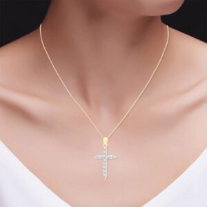 SAVEARTH DIAMONDS 1 1/10 Carat Round Cut Lab Created Moissanite Diamond Cross Pendant Necklace In 14K Yellow Gold Over Sterling Silver For Women With 18" Chain(VVS1 Clarity, 1.10 Cttw)