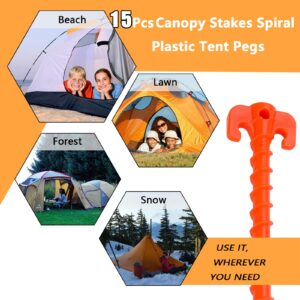 YHTIMIOX 15 Pcs Canopy Stakes Spiral Plastic Tent Pegs 10 inch Camping tent stakes peg Heavy Duty Beach Tent Pegs Orange