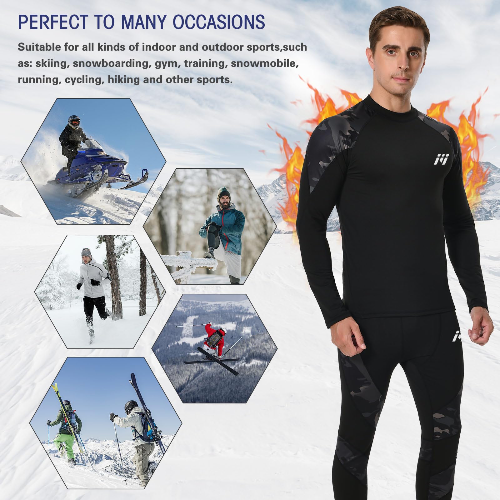 MEETWEE Thermal Underwear for Men, Fleece Lined Base Layer Set Cold Weather Ski Gear Top & Long Johns for Skiing Motorcycle Camo