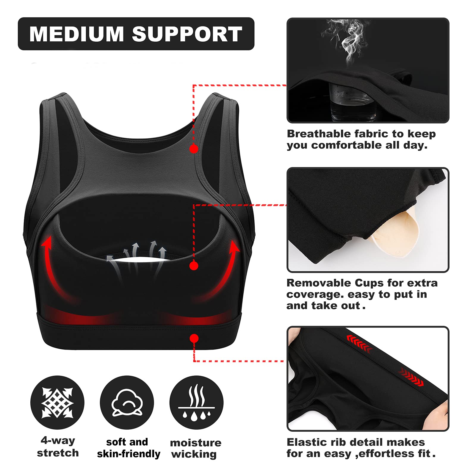 Push up Sports Bra for Women Sexy Hollow Crop Tops with Removable Cups Yoga Workout Fitness Yoga Bra Medium Support Black 4X-Large