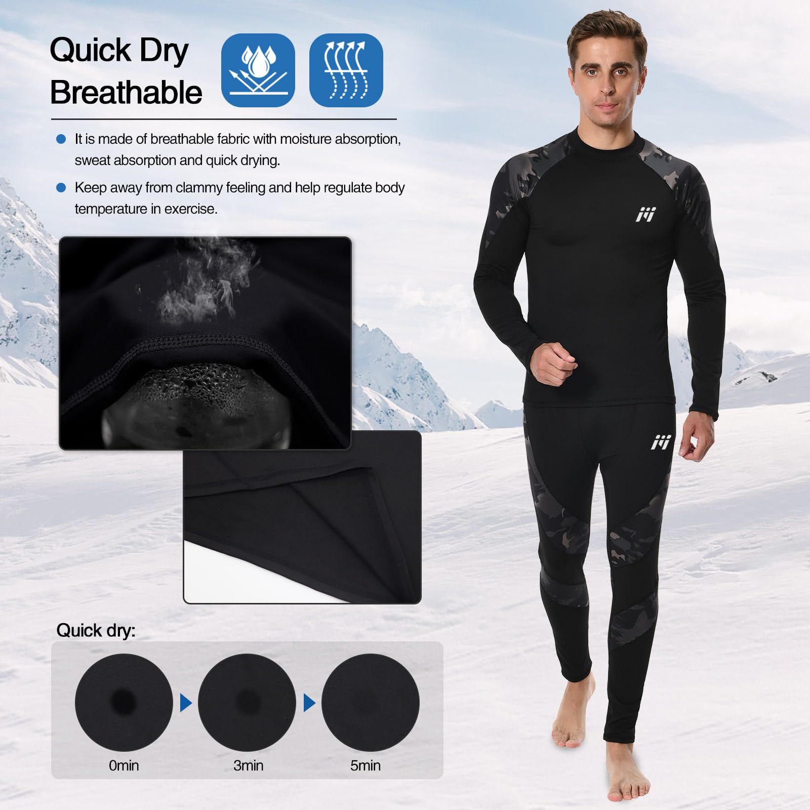 MEETWEE Thermal Underwear for Men, Fleece Lined Base Layer Set Cold Weather Ski Gear Top & Long Johns for Skiing Motorcycle Camo