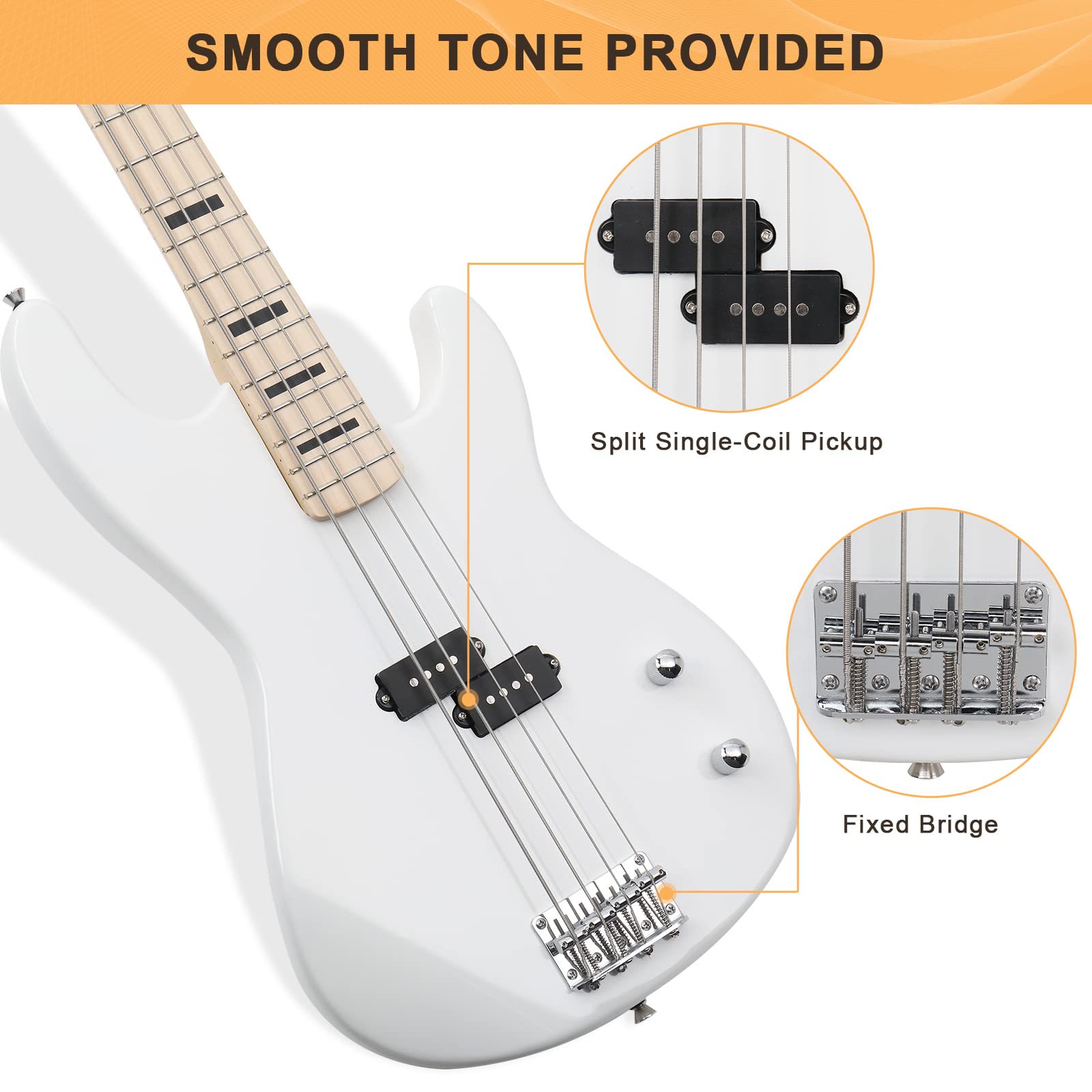 GLARRY GP Series Full Size Electric Bass Guitar 4 String Beginner Kit Canadian Maple Fingerboard with Cable, Strap, Bag and Accessories (White)