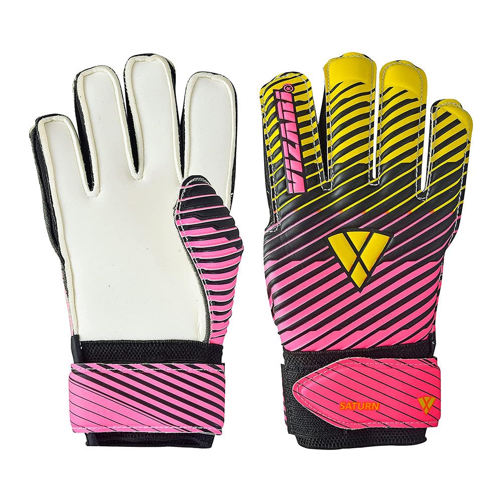 Vizari Saturn F.P. Soccer Goalkeeper Gloves with Finger Support - Pink/Yellow, Size 5 | Inbuilt Fingersave Protection Goalie Gloves | 3-MM Duplatex Foam Palm Football Gloves