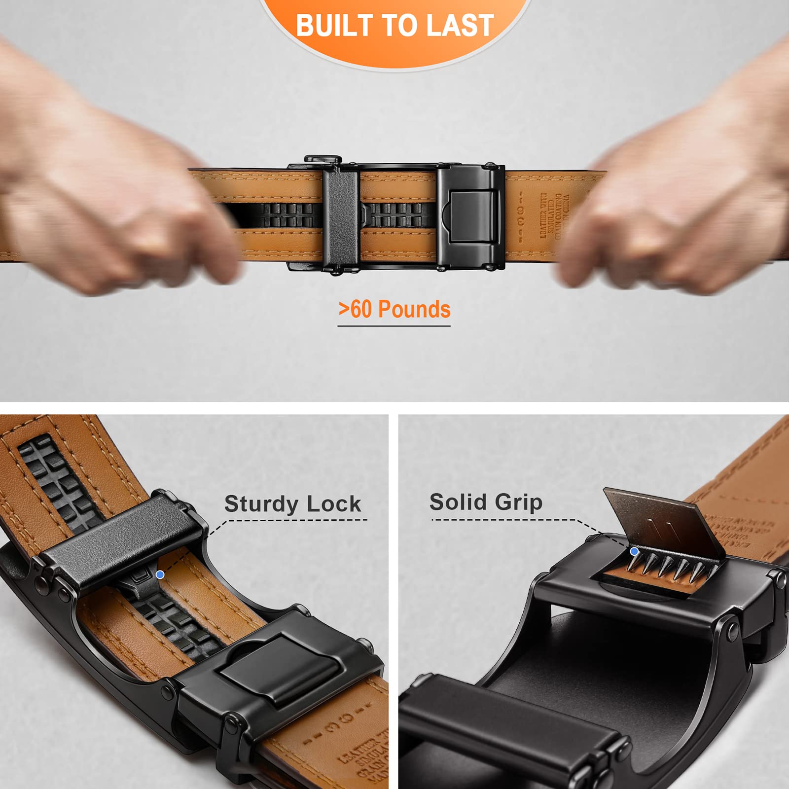 BULLIANT Mens Ratchet Belt,Leather Adjustable Slide Belt For Gift Mens Dress Casual 1 3/8",Size Adjustable(Black,32"-38" Waist Adjustable)