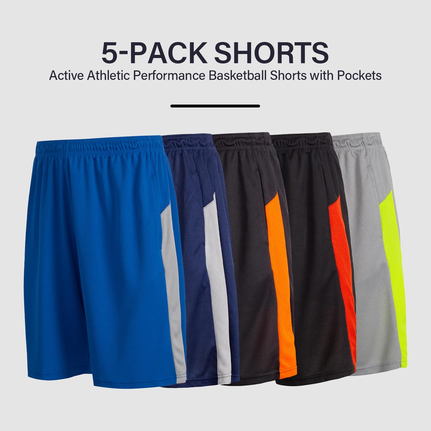 Essential Elements Boys 5-Pack Active Athletic Performance Basketball Shorts with Pockets