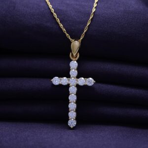 SAVEARTH DIAMONDS 1 1/10 Carat Round Cut Lab Created Moissanite Diamond Cross Pendant Necklace In 14K Yellow Gold Over Sterling Silver For Women With 18" Chain(VVS1 Clarity, 1.10 Cttw)