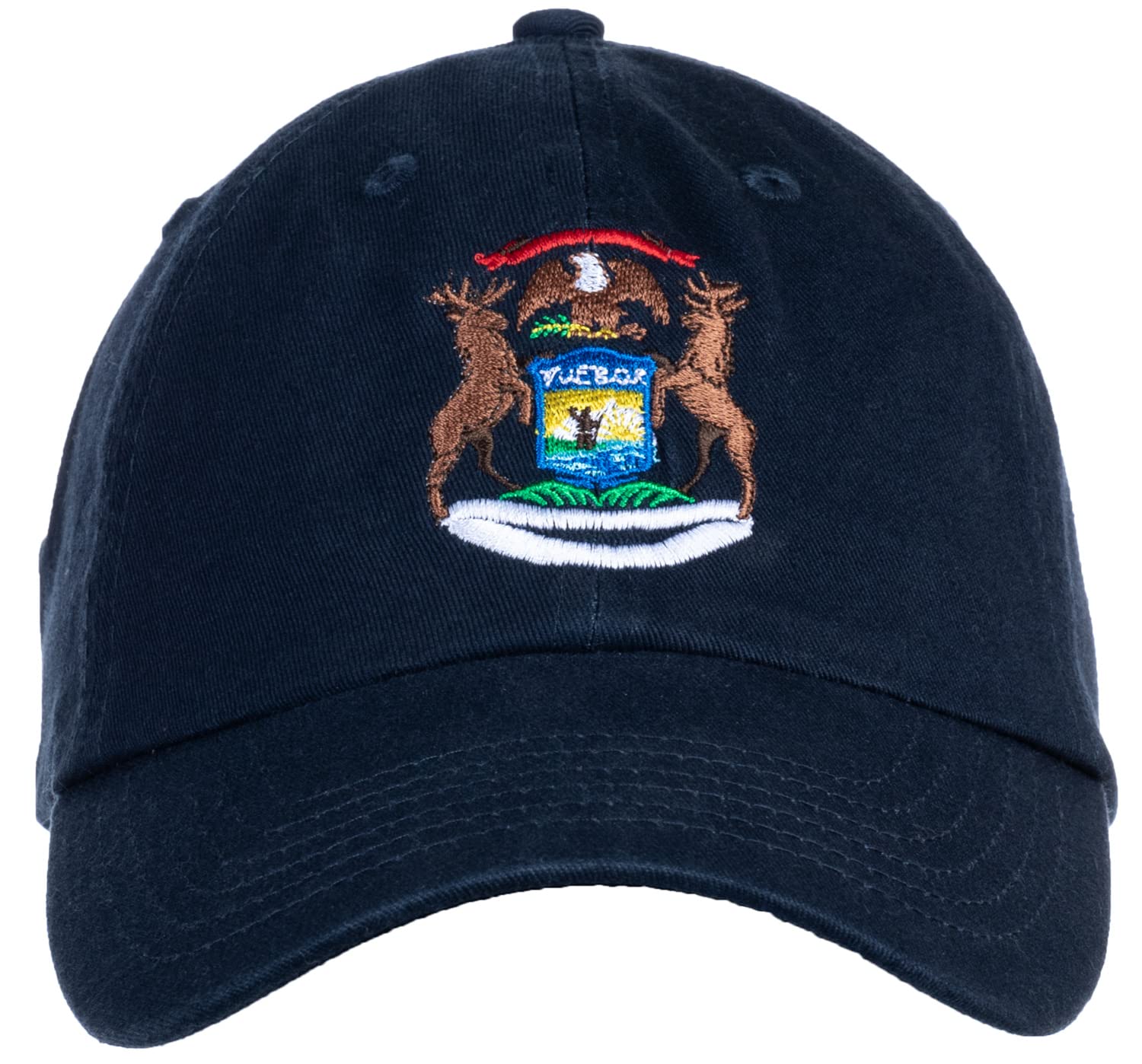 Ann Arbor T-shirt Co. Michigan State Flag Hat - Great Lakes Pride MI, Low Profile Baseball Dad Cap for Men & Women - (Navy Blue)