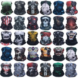 JaGely 30 Pieces Skull Neck Gaiters Scarf Elastic Sports Head Wrap Headband Seamless Halloween Bandana Face Mask for Women Men Riding Running Sports, 30 Styles