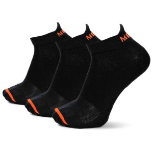 merrell adult's cushioned cotton socks-3 pair pack-unisex breathable mesh comfort zones, low cut tab-black, m/l (men's 9.5-12 / women's 10-13)