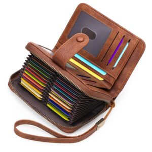 GAEKEAO Leather Credit Card Holder Wallet for Women RFID Blocking Large Capacity Bifold Zipper Card Case Organizer with Wristlet 32 Slots