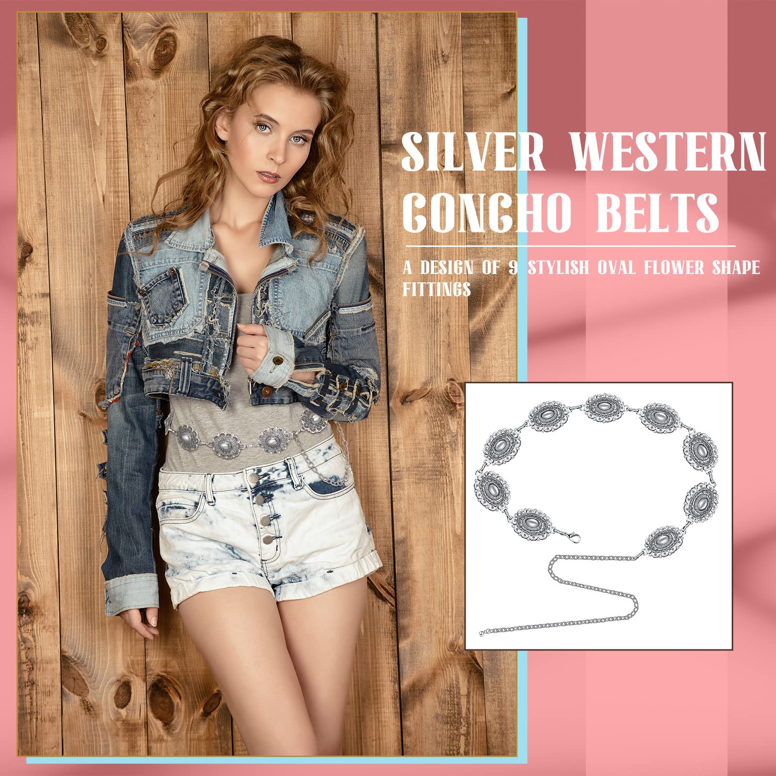 Fumete Western Metal Concho Chain Belt for Women Western Cowgirl Belts Adjustable Country Belts for Jeans or Dresses (Sweet Style)