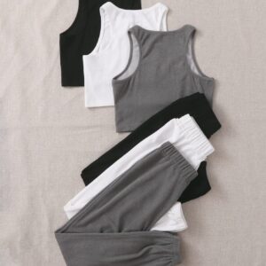 Verdusa Women's 6 Piece Lounge Sets Tracksuit Crop Tank Top and Sweatpants Grey Black White S